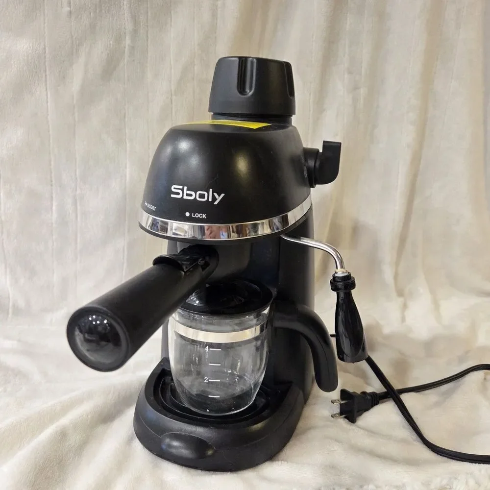 Sboly Black Espresso Machine for Ground Coffee 4-Cup Steam Wand Analog